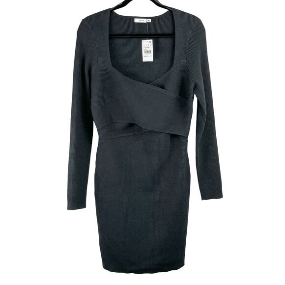 Lush Black Ribbed Knit Long Sleeve Crossover Mini Sweater Dress Large NWT - Picture 1 of 11